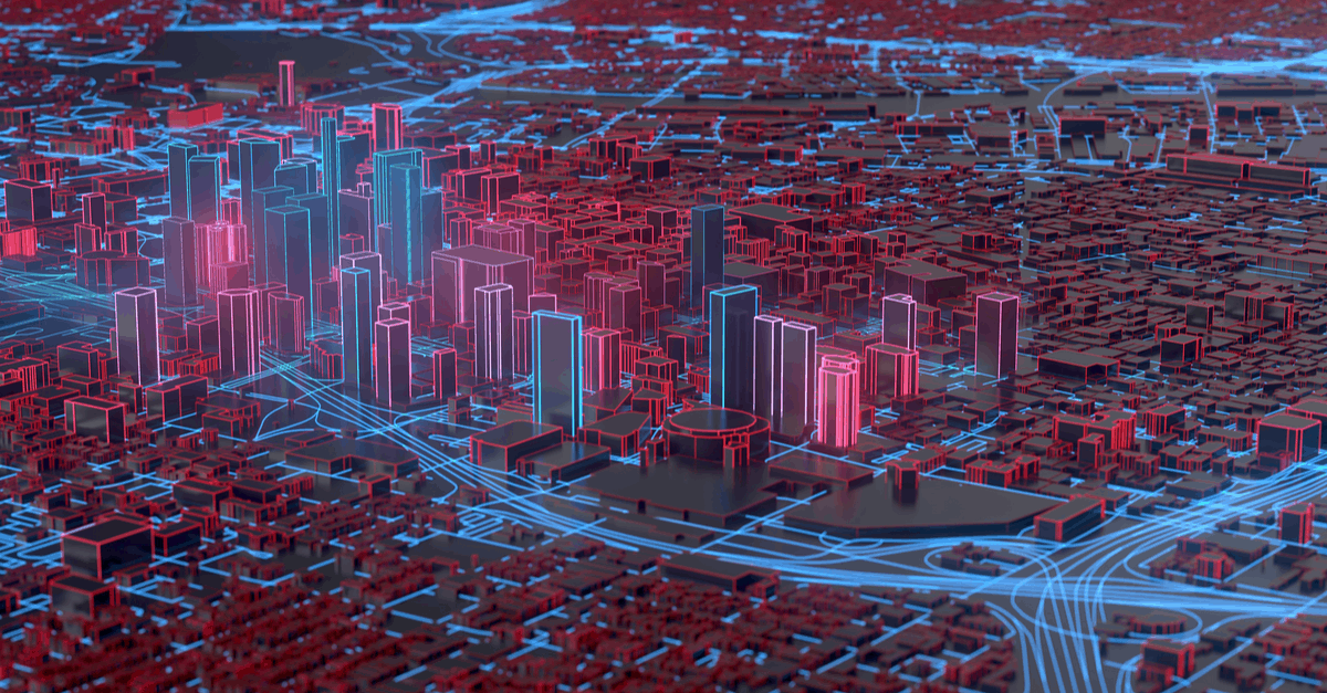 Futuristic aerial view of city in red and blue highlights