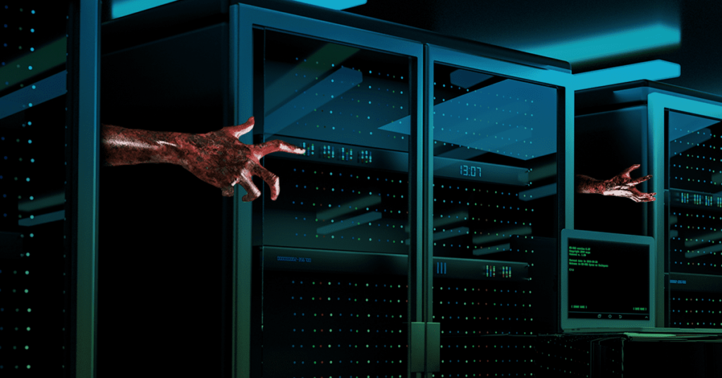 Data center servers with zombie arms and hands appearing outstretched from behind