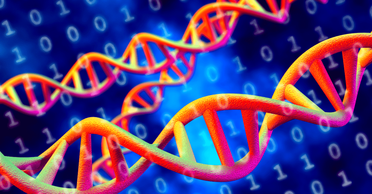 Technicolor image of DNA double helix with background of ones and zeros conveying the concept of DNA data storage