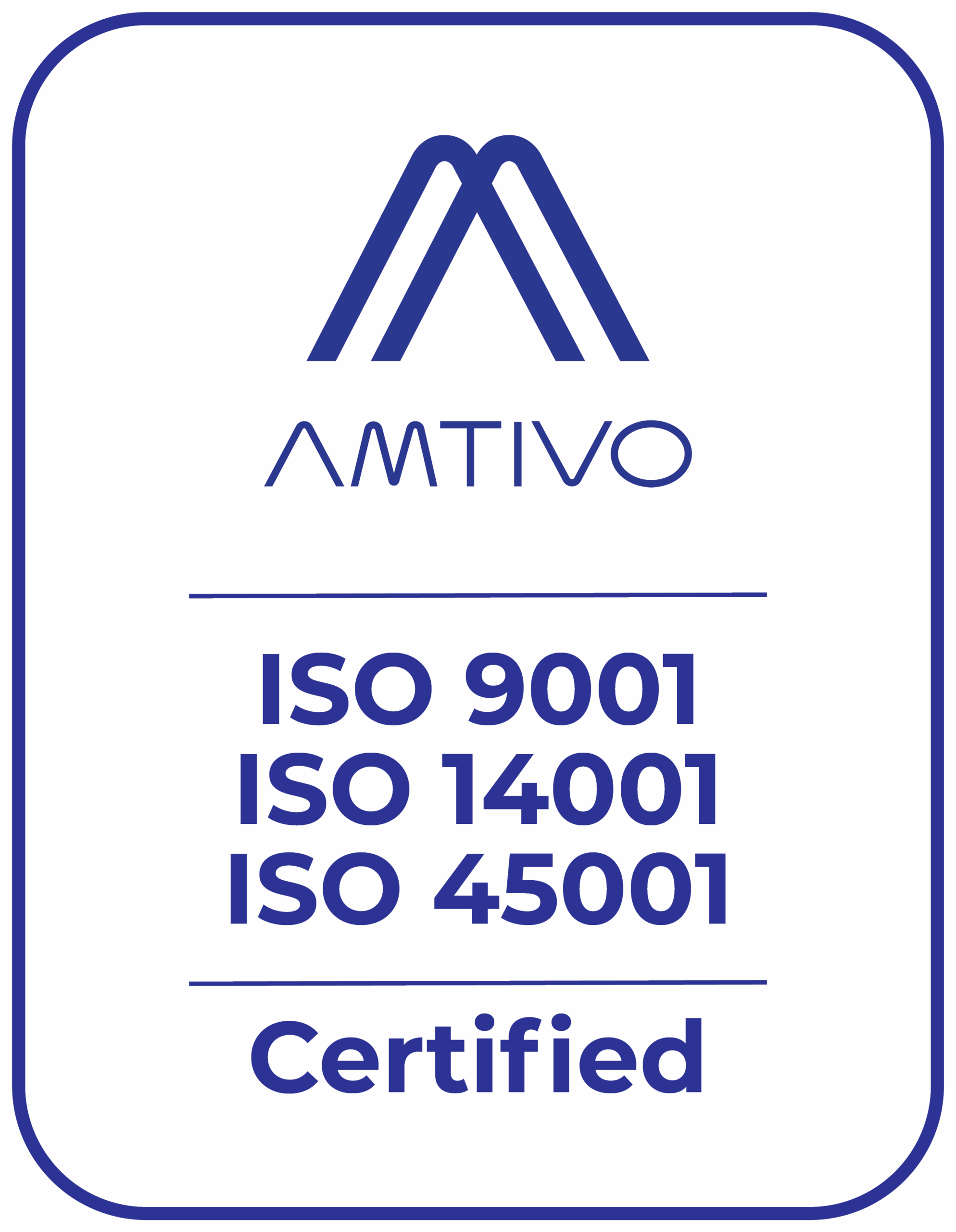 Amtivo certification badge displaying ISO 9001, ISO 14001, and ISO 45001 standards with a stylized “A” logo.