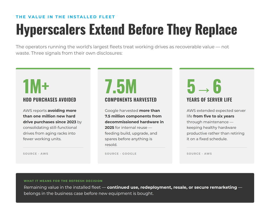 Three-statistic graphic titled "Hyperscalers Extend Before They Replace," showing how large fleet operators treat working drives as recoverable value. AWS reports avoiding more than one million new hard drive purchases since 2023 by consolidating functional drives from aging racks. Google harvested more than 7.5 million components from decommissioned hardware in 2025 for internal reuse. AWS extended expected server life from five to six years through maintenance. Takeaway: remaining value in the installed fleet—continued use, redeployment, resale, or secure remarketing—belongs in the business case before new equipment is bought.