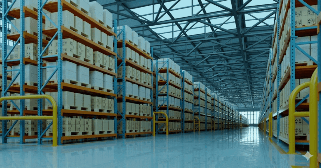 Wide industrial warehouse aisle lined with tall blue racking holding palletized boxed inventory, with yellow safety bollards in the foreground.