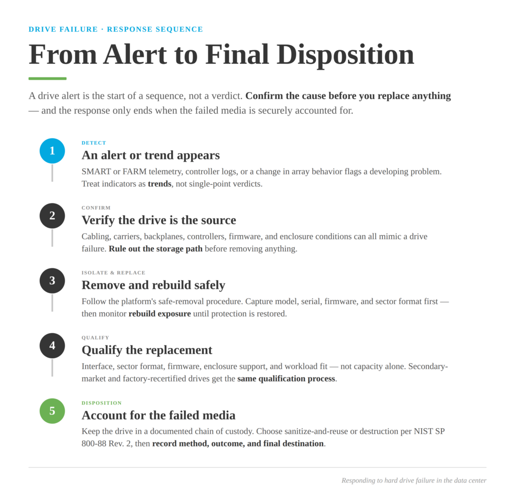 Five-step vertical flow diagram titled "From Alert to Final Disposition," showing the sequence for responding to a hard drive failure in the data center. Step 1, Detect: SMART or FARM telemetry, controller logs, or array behavior flags a developing problem, treated as a trend rather than a single-point verdict. Step 2, Confirm: verify the drive is the source, ruling out cabling, backplanes, controllers, firmware, and enclosure conditions that can mimic a drive failure before removing anything. Step 3, Isolate and Replace: follow the safe-removal procedure, capture model, serial, firmware, and sector format, and monitor rebuild exposure until protection is restored. Step 4, Qualify: qualify the replacement on interface, sector format, firmware, enclosure support, and workload fit — not capacity alone — applying the same process to secondary-market and factory-recertified drives. Step 5, Disposition: keep the failed drive in a documented chain of custody, choose sanitize-and-reuse or destruction per NIST SP 800-88 Revision 2, and record the method, outcome, and final destination.