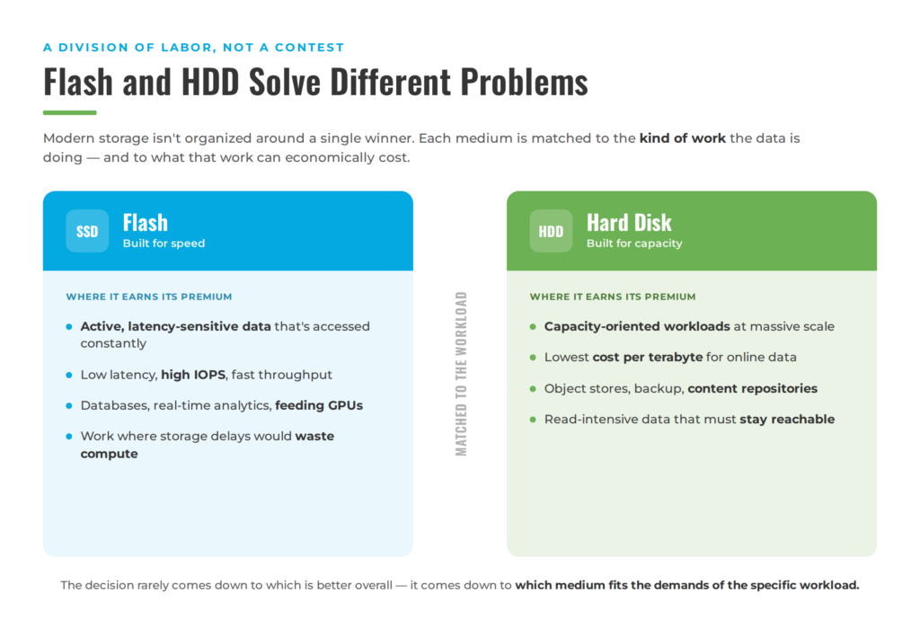 Two-column comparison of flash and hard disk storage. Flash is built for speed — active latency-sensitive data, high IOPS, databases and GPU feeding. HDD is built for capacity — capacity-oriented workloads, lowest cost per terabyte, object stores and backup. Each medium is matched to the workload rather than competing.