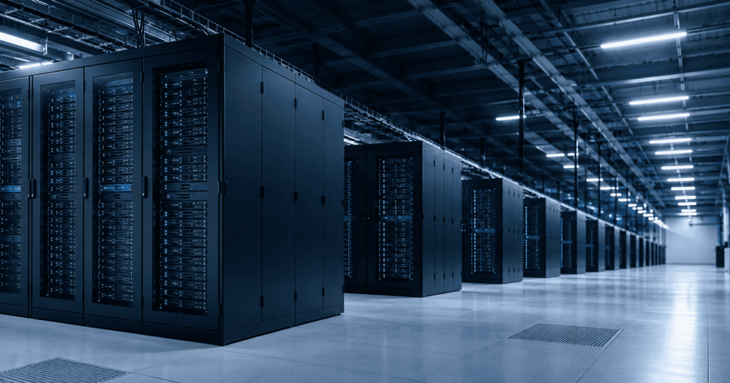 Modern data center with rows of black server cabinets and blue indicator lights.